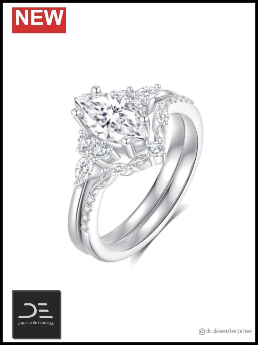 Moissanite Engagement Ring Set S925 Sterling Silver 18K White Gold Plated